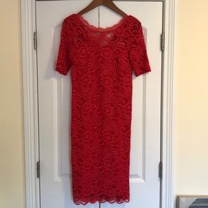Coral red knee length lace dress